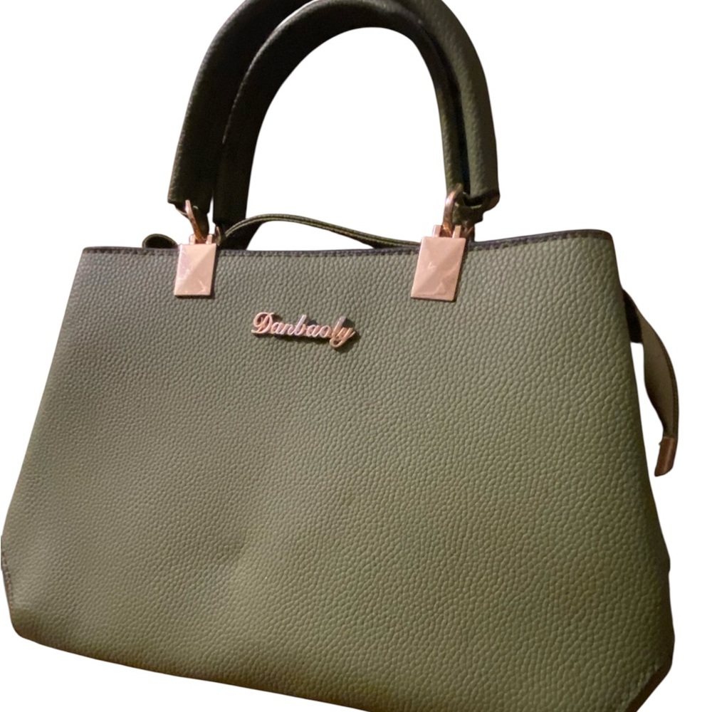 Green Satchel with Structured Design and Gold Accents